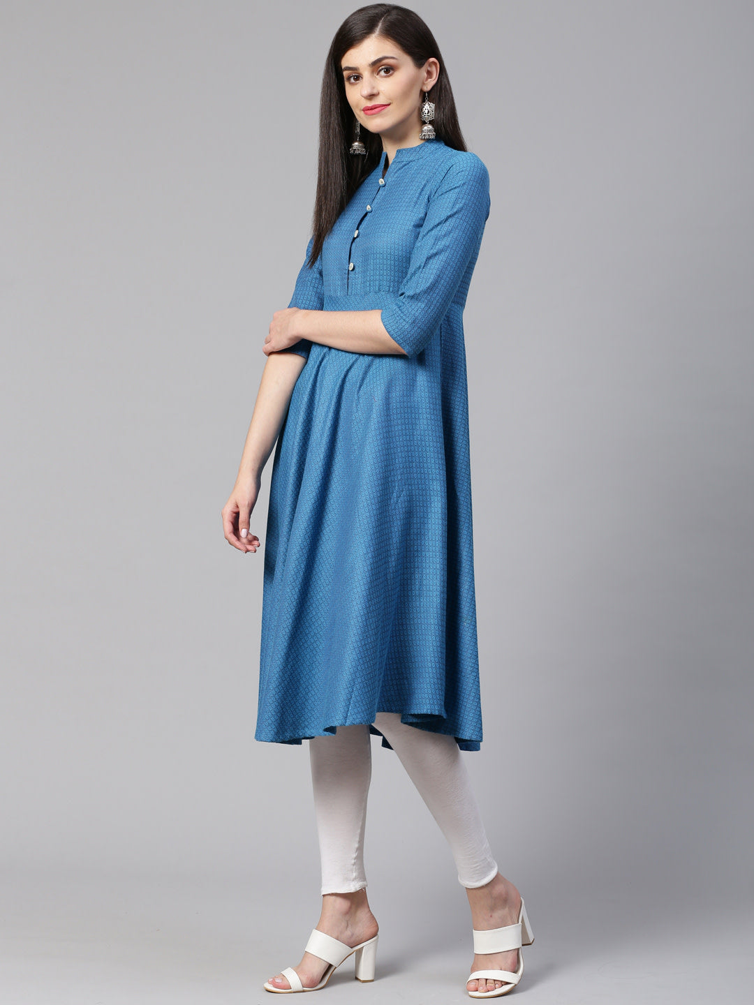 Jompers Women Blue Woven Design Jacquard Weave A-Line Kurta | Grocsy