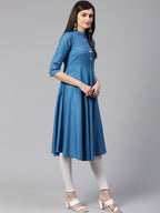Jompers Women Blue Woven Design Jacquard Weave A-Line Kurta | Grocsy