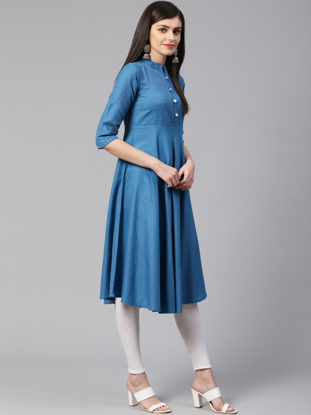 Jompers Women Blue Woven Design Jacquard Weave A-Line Kurta | Grocsy
