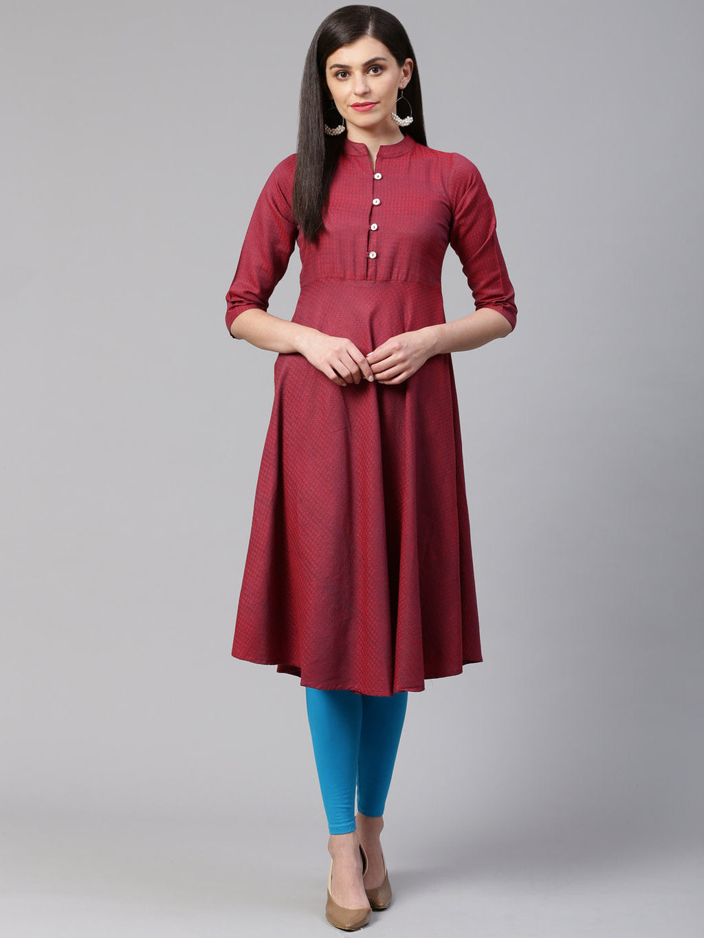 Jompers Women Maroon Woven Design Jacquard Weave A-Line Kurta | Grocsy