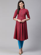 Jompers Women Maroon Woven Design Jacquard Weave A-Line Kurta | Grocsy