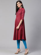 Jompers Women Maroon Woven Design Jacquard Weave A-Line Kurta | Grocsy