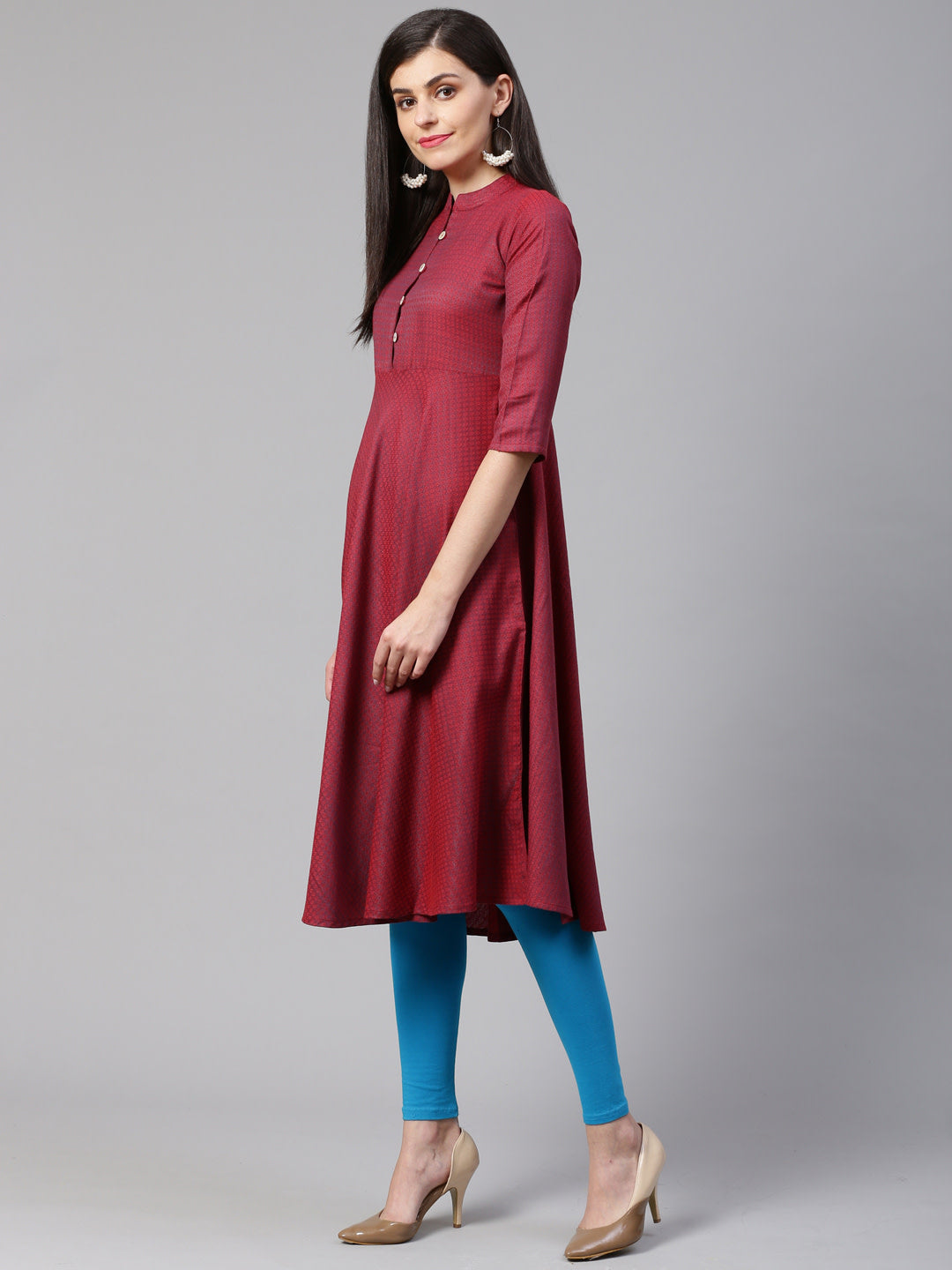 Jompers Women Maroon Woven Design Jacquard Weave A-Line Kurta | Grocsy
