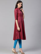 Jompers Women Maroon Woven Design Jacquard Weave A-Line Kurta | Grocsy