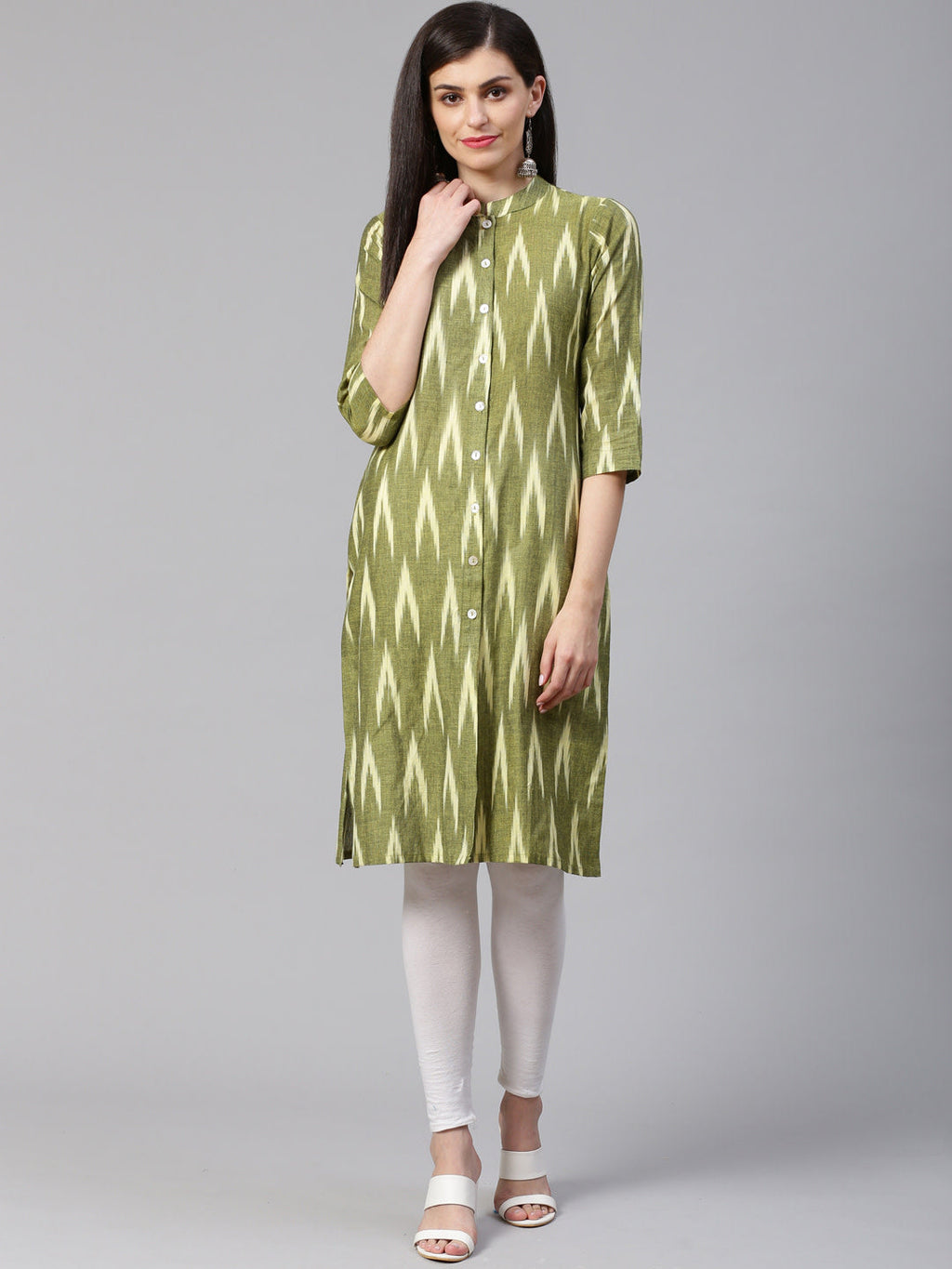 Jompers Women Green & Cream-Coloured Ikkat Woven Design Straight Kurta | Grocsy