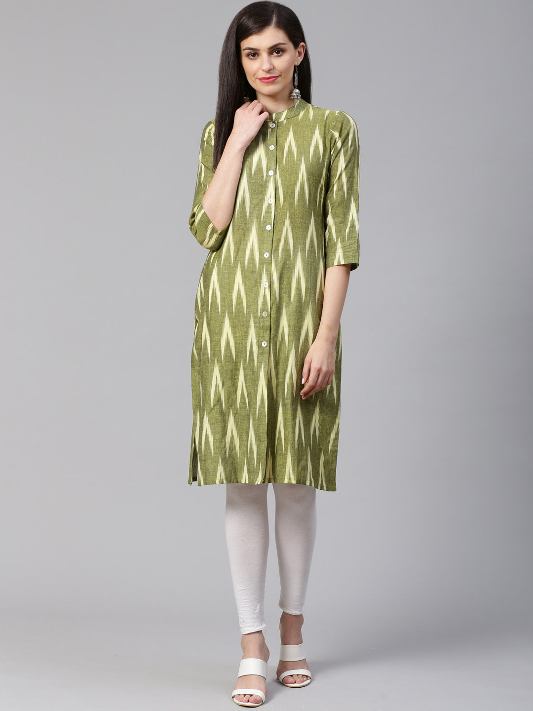 Jompers Women Green & Cream-Coloured Ikkat Woven Design Straight Kurta | Grocsy