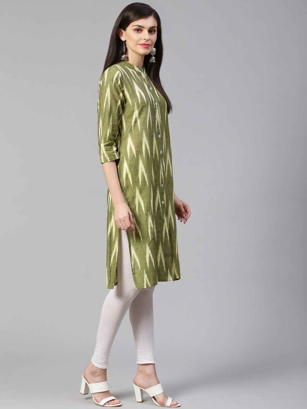 Jompers Women Green & Cream-Coloured Ikkat Woven Design Straight Kurta | Grocsy