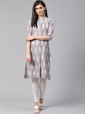 Jompers Women Grey & Cream-Coloured Ikkat Woven Design Straight Kurta | Grocsy