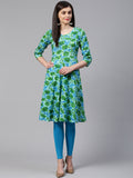 Jompers Women Blue & Green Floral Print Angrakha A-Line Kurta | Grocsy