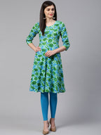 Jompers Women Blue & Green Floral Print Angrakha A-Line Kurta | Grocsy