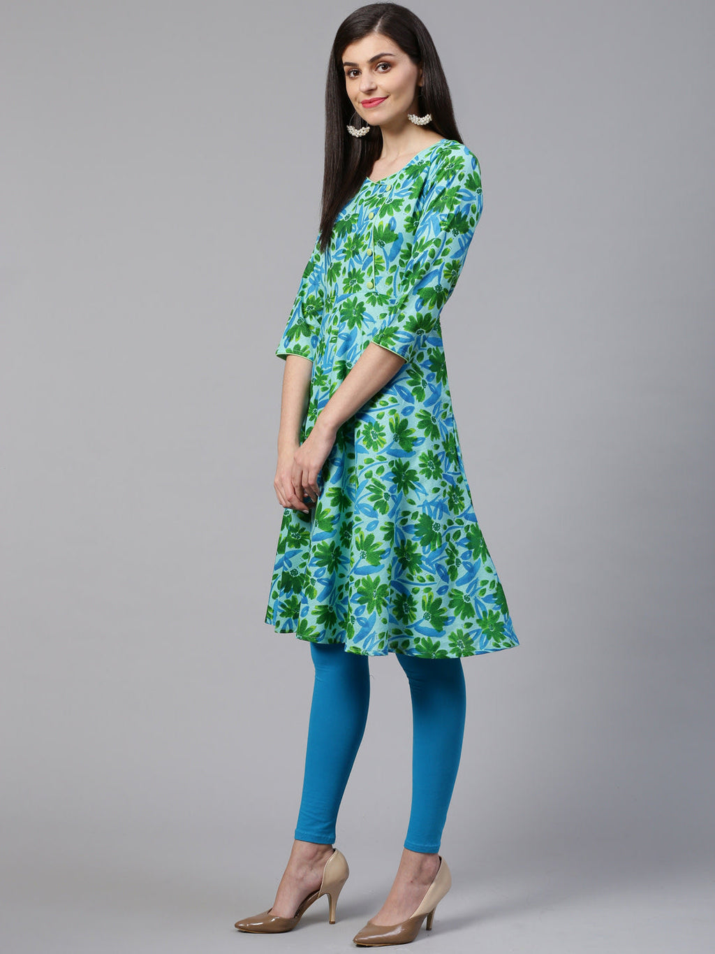 Jompers Women Blue & Green Floral Print Angrakha A-Line Kurta | Grocsy