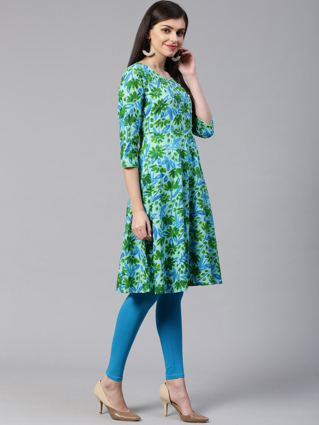 Jompers Women Blue & Green Floral Print Angrakha A-Line Kurta | Grocsy