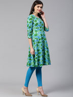 Jompers Women Blue & Green Floral Print Angrakha A-Line Kurta | Grocsy