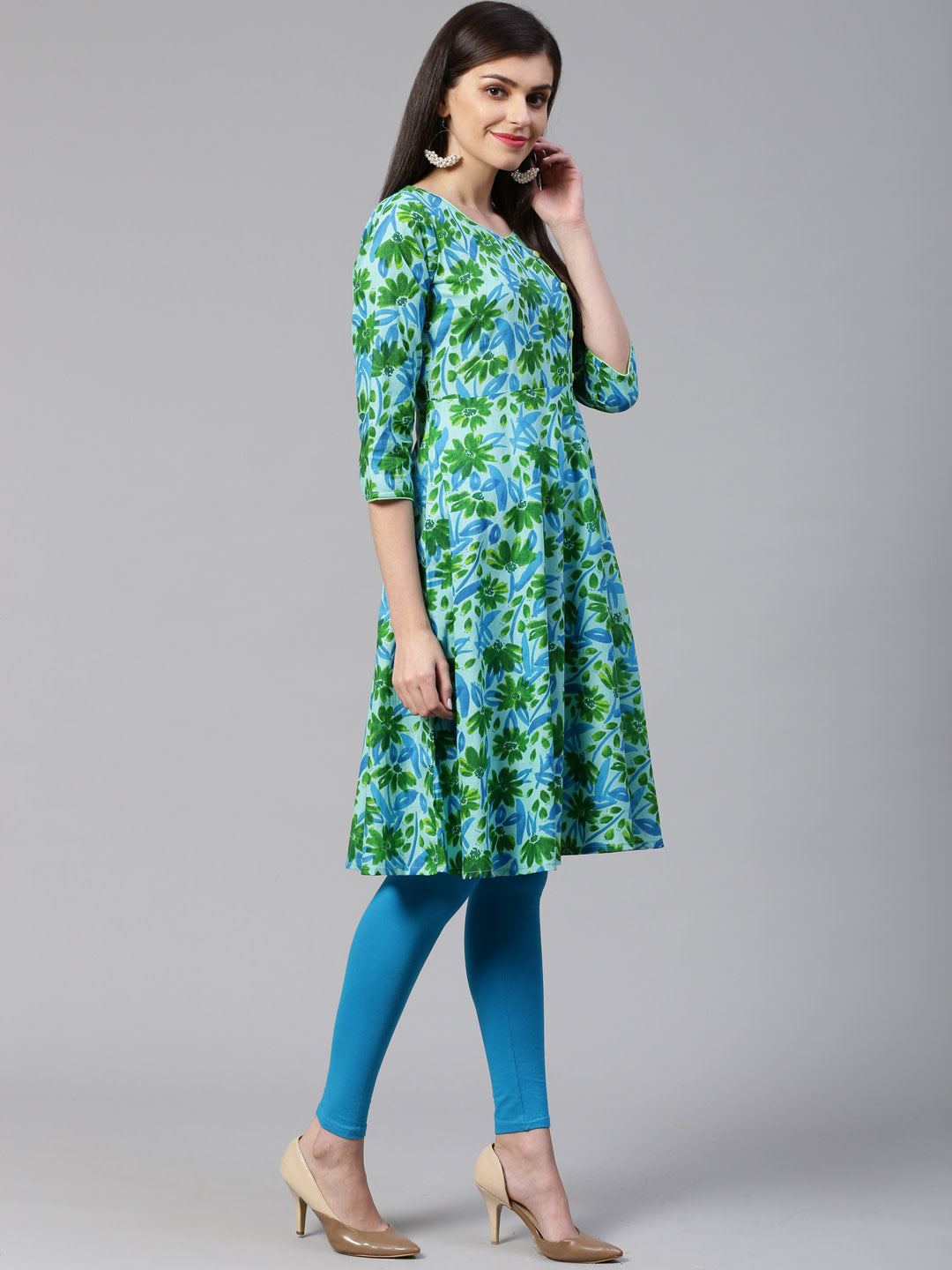 Jompers Women Blue & Green Floral Print Angrakha A-Line Kurta | Grocsy