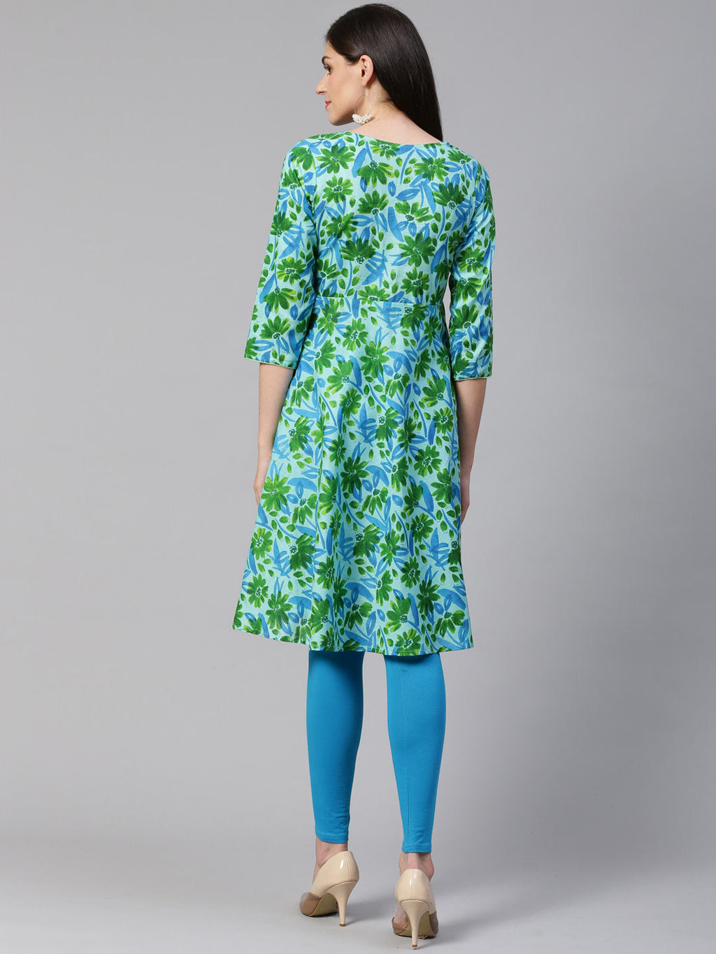 Jompers Women Blue & Green Floral Print Angrakha A-Line Kurta | Grocsy