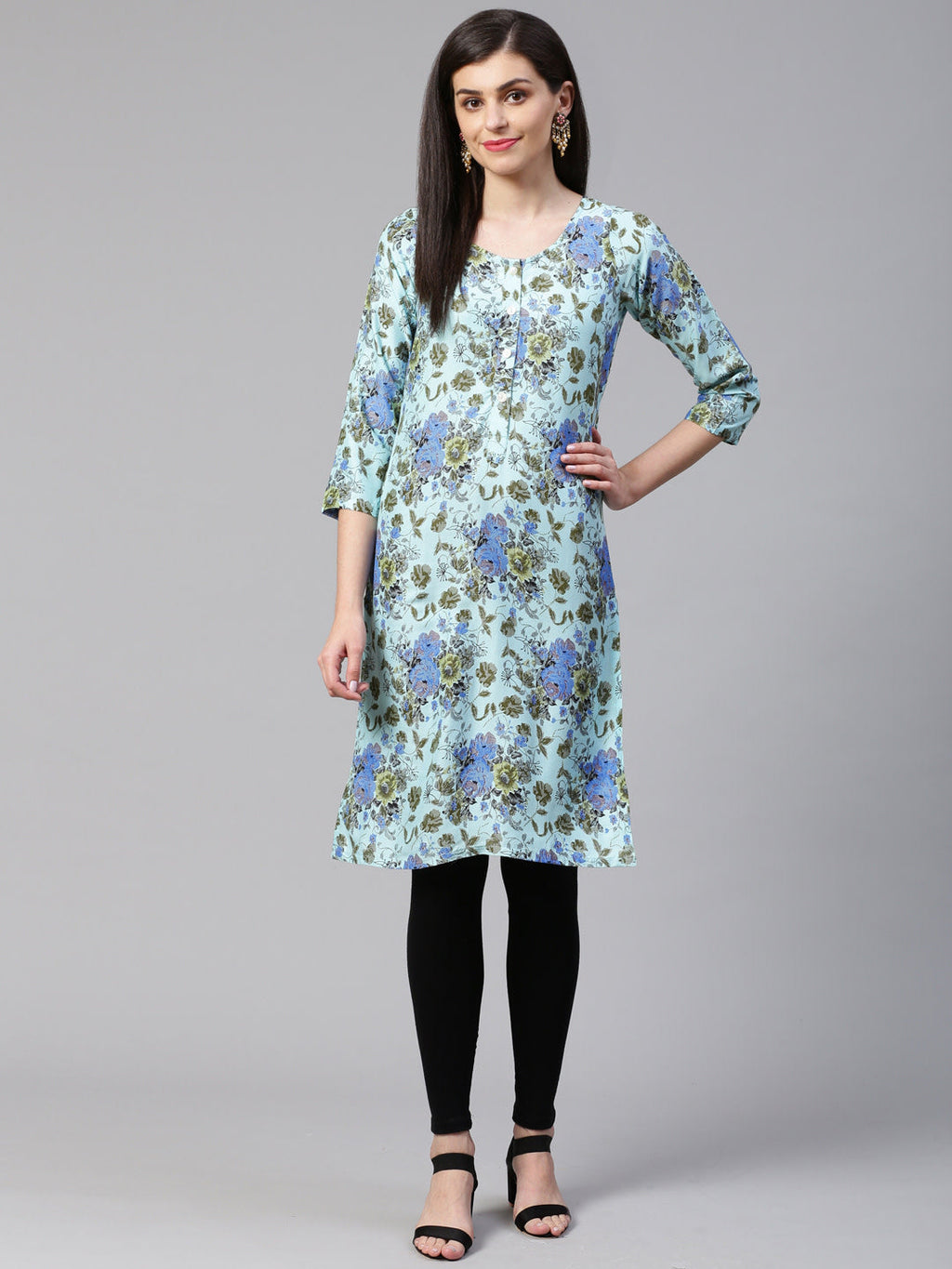 Jompers Women Blue & Green Floral Print Straight Kurta | Grocsy