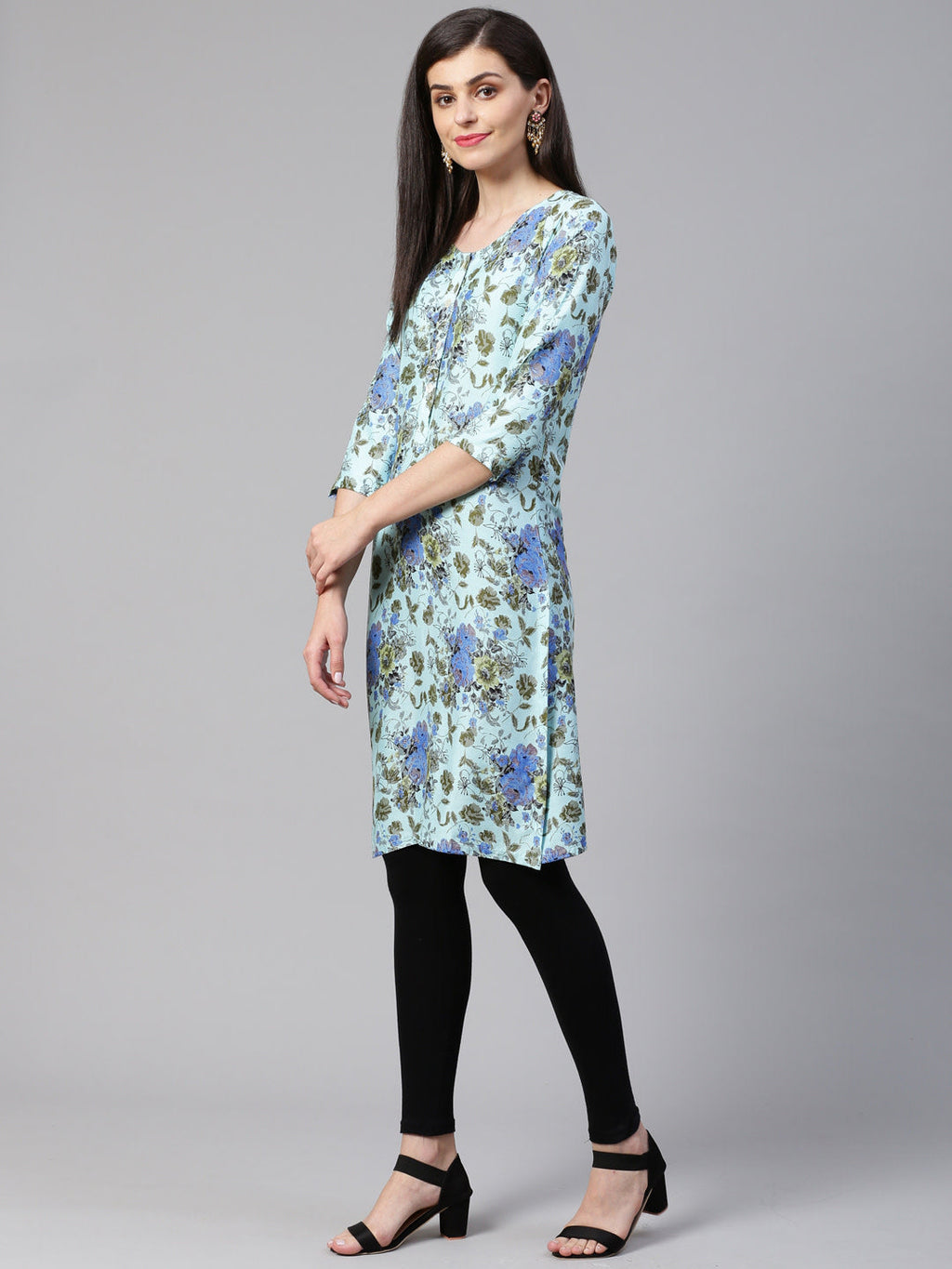 Jompers Women Blue & Green Floral Print Straight Kurta | Grocsy