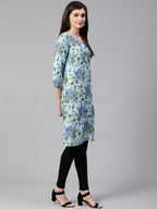 Jompers Women Blue & Green Floral Print Straight Kurta | Grocsy