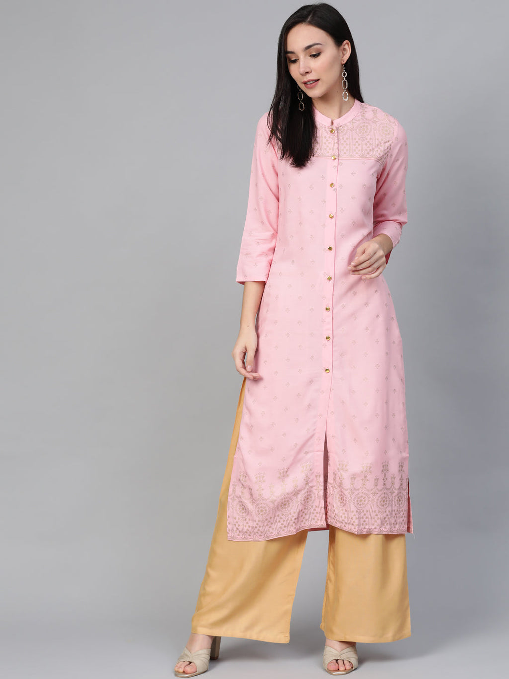 Jompers Women's Pink & Gold-Toned Printed Straight Kurta | Grocsy