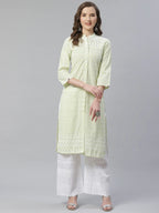 Jompers Women's Lime Green & White Chikankari Embroidered Kurta with Palazzos | Grocsy