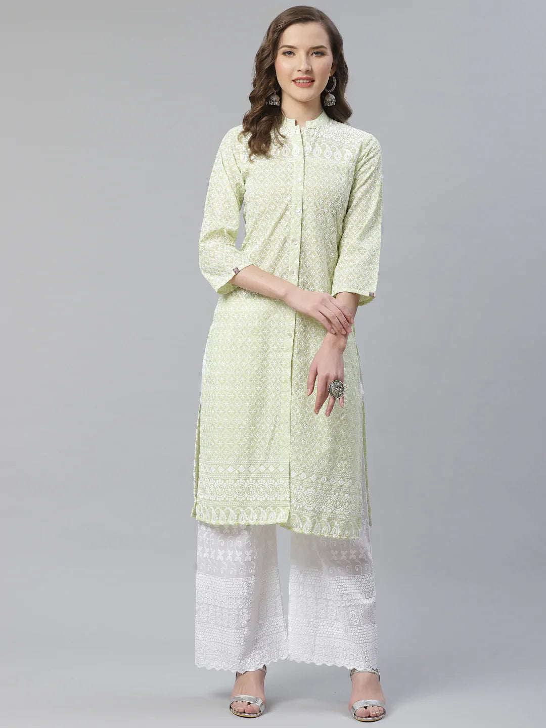 Jompers Women's Lime Green & White Chikankari Embroidered Kurta with Palazzos | Grocsy