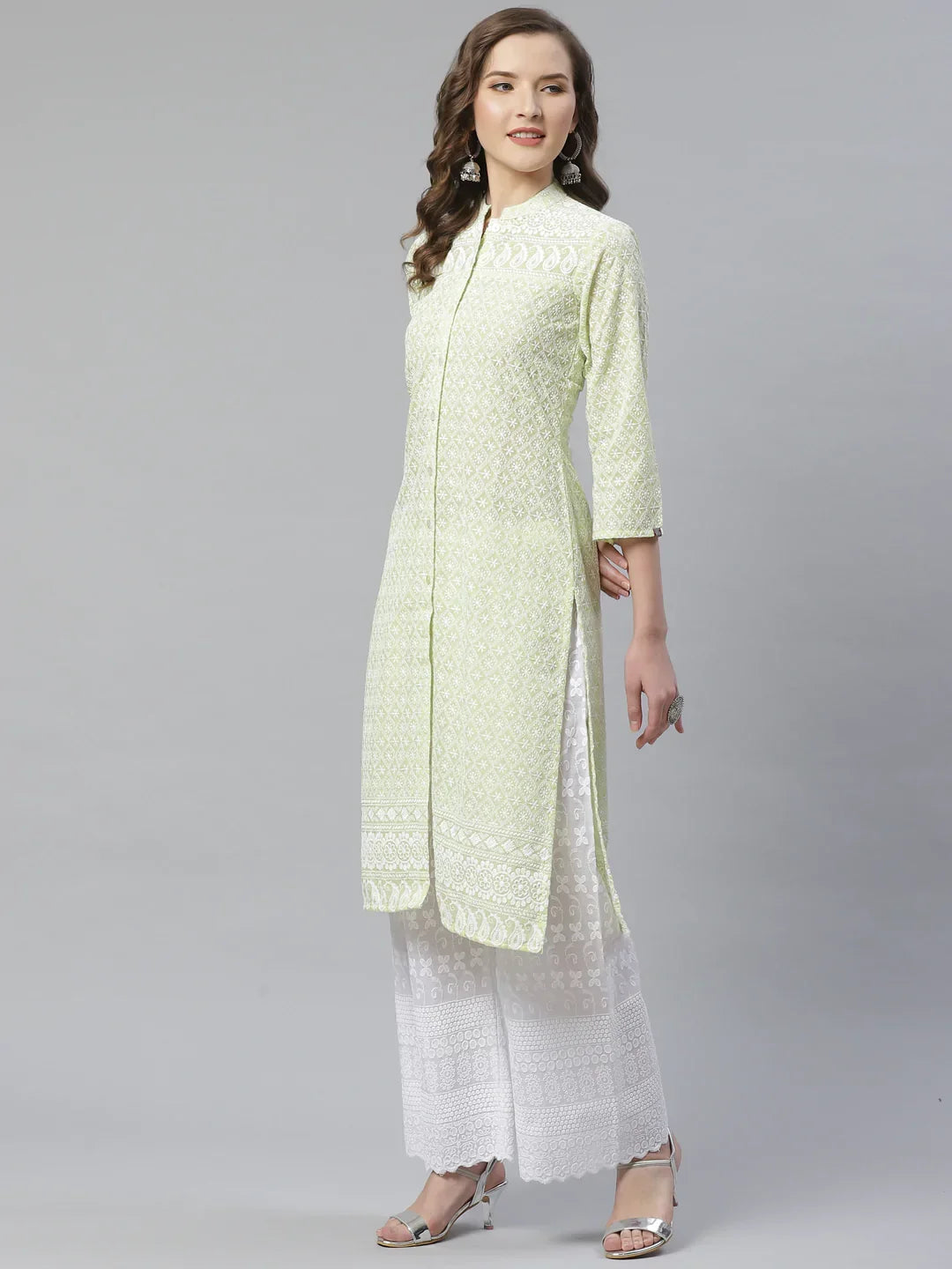 Jompers Women's Lime Green & White Chikankari Embroidered Kurta with Palazzos | Grocsy