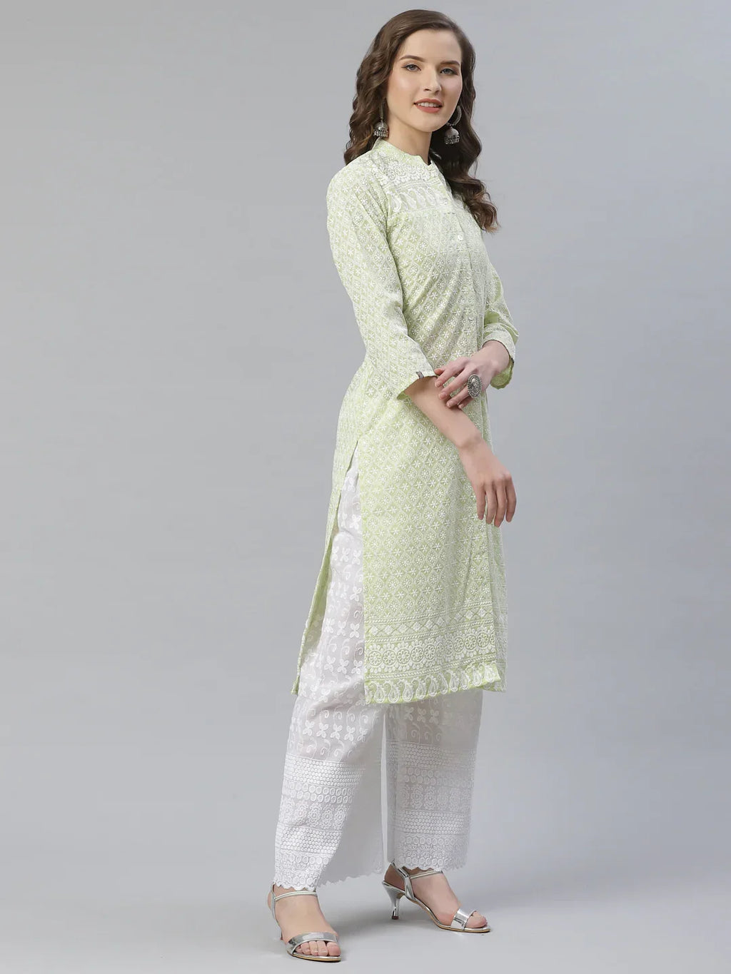 Jompers Women's Lime Green & White Chikankari Embroidered Kurta with Palazzos | Grocsy