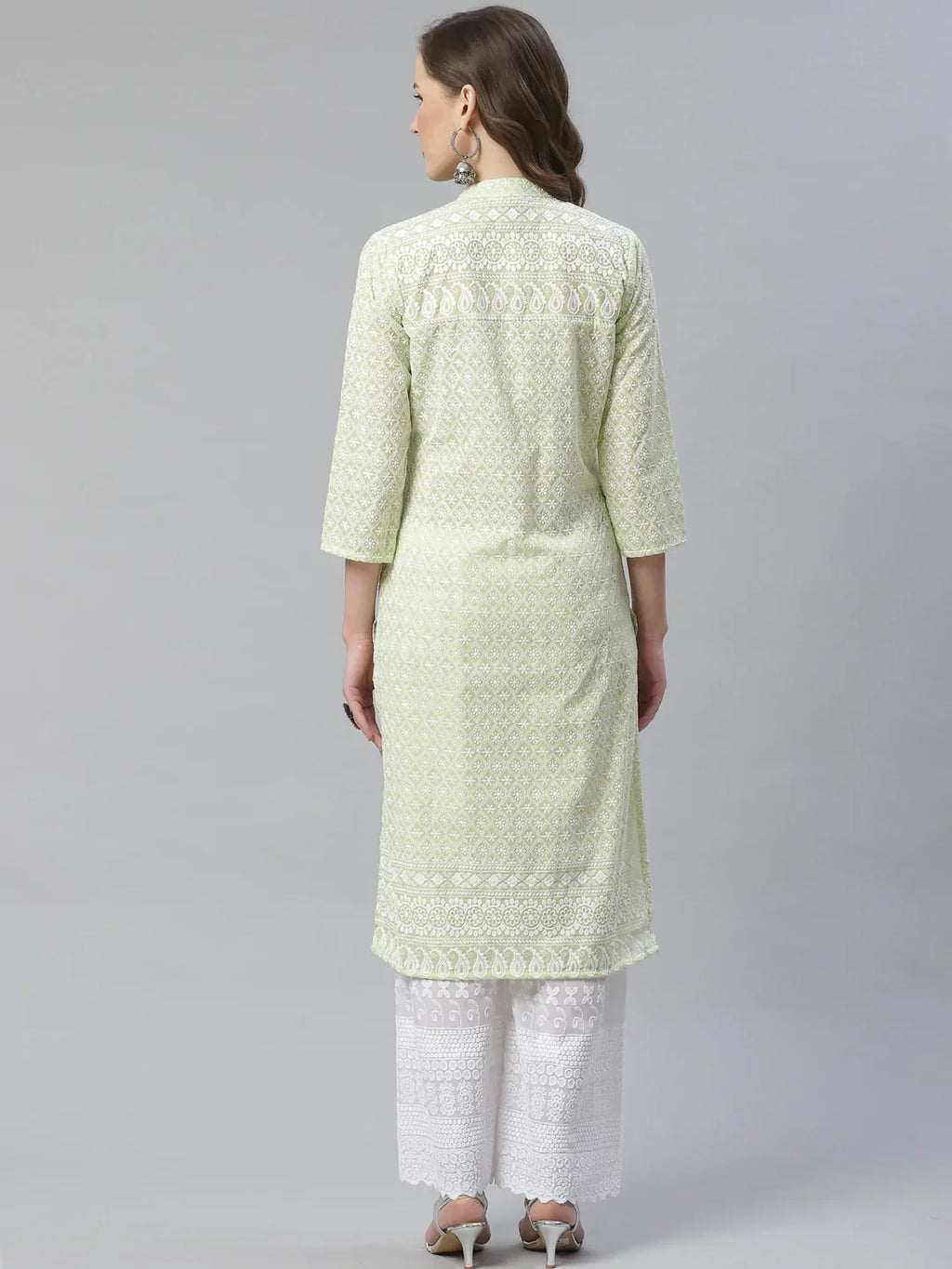 Jompers Women's Lime Green & White Chikankari Embroidered Kurta with Palazzos | Grocsy