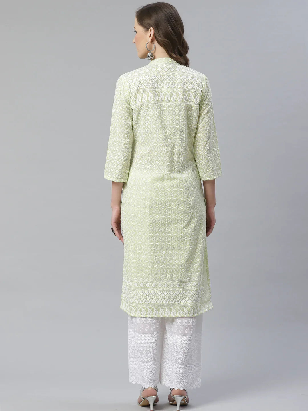 Jompers Women's Lime Green & White Chikankari Embroidered Kurta with Palazzos | Grocsy