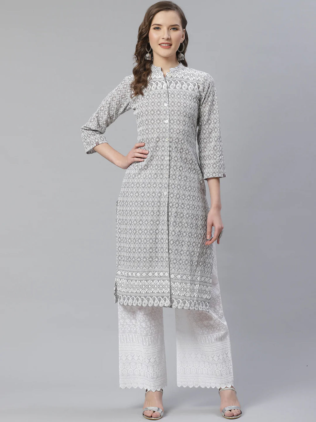 Jompers Women's Grey & White Chikankari Embroidered Kurta with Palazzos | Grocsy