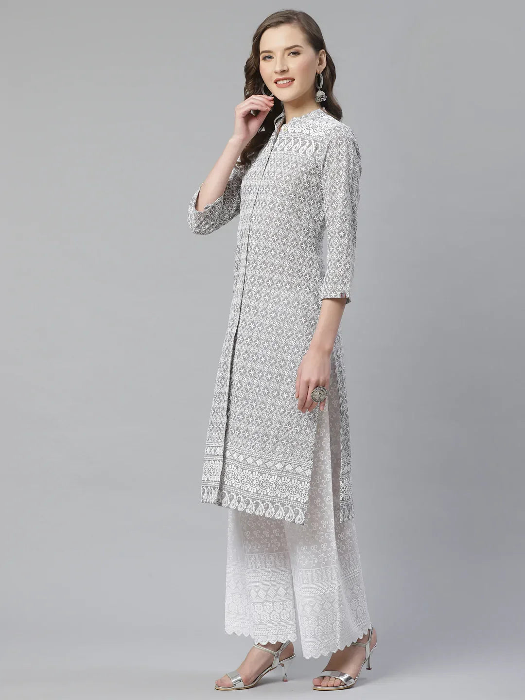 Jompers Women's Grey & White Chikankari Embroidered Kurta with Palazzos | Grocsy