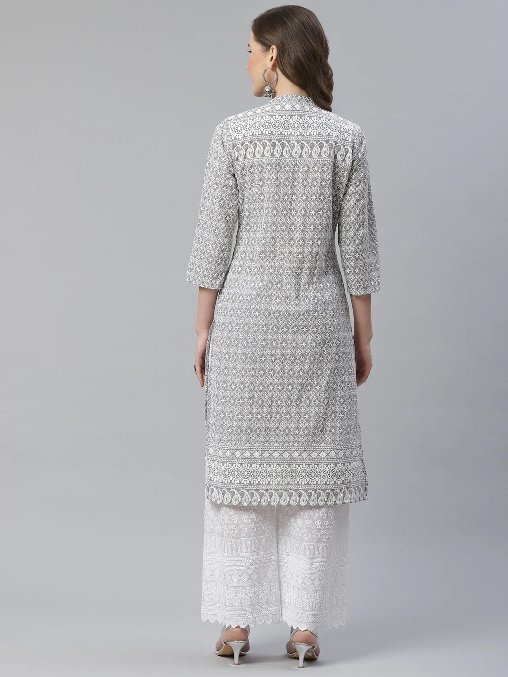 Jompers Women's Grey & White Chikankari Embroidered Kurta with Palazzos | Grocsy