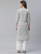 Jompers Women's Grey & White Chikankari Embroidered Kurta with Palazzos | Grocsy