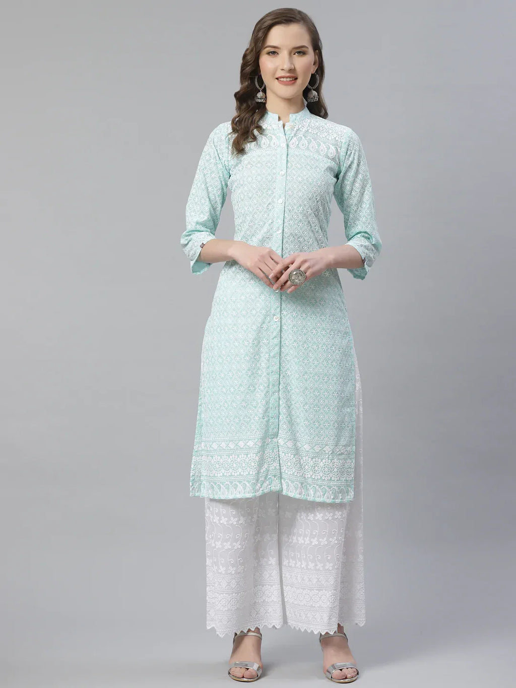 Jompers Women's Sky Blue & White Chikankari Embroidered Kurta with Palazzos | Grocsy