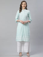Jompers Women's Sky Blue & White Chikankari Embroidered Kurta with Palazzos | Grocsy