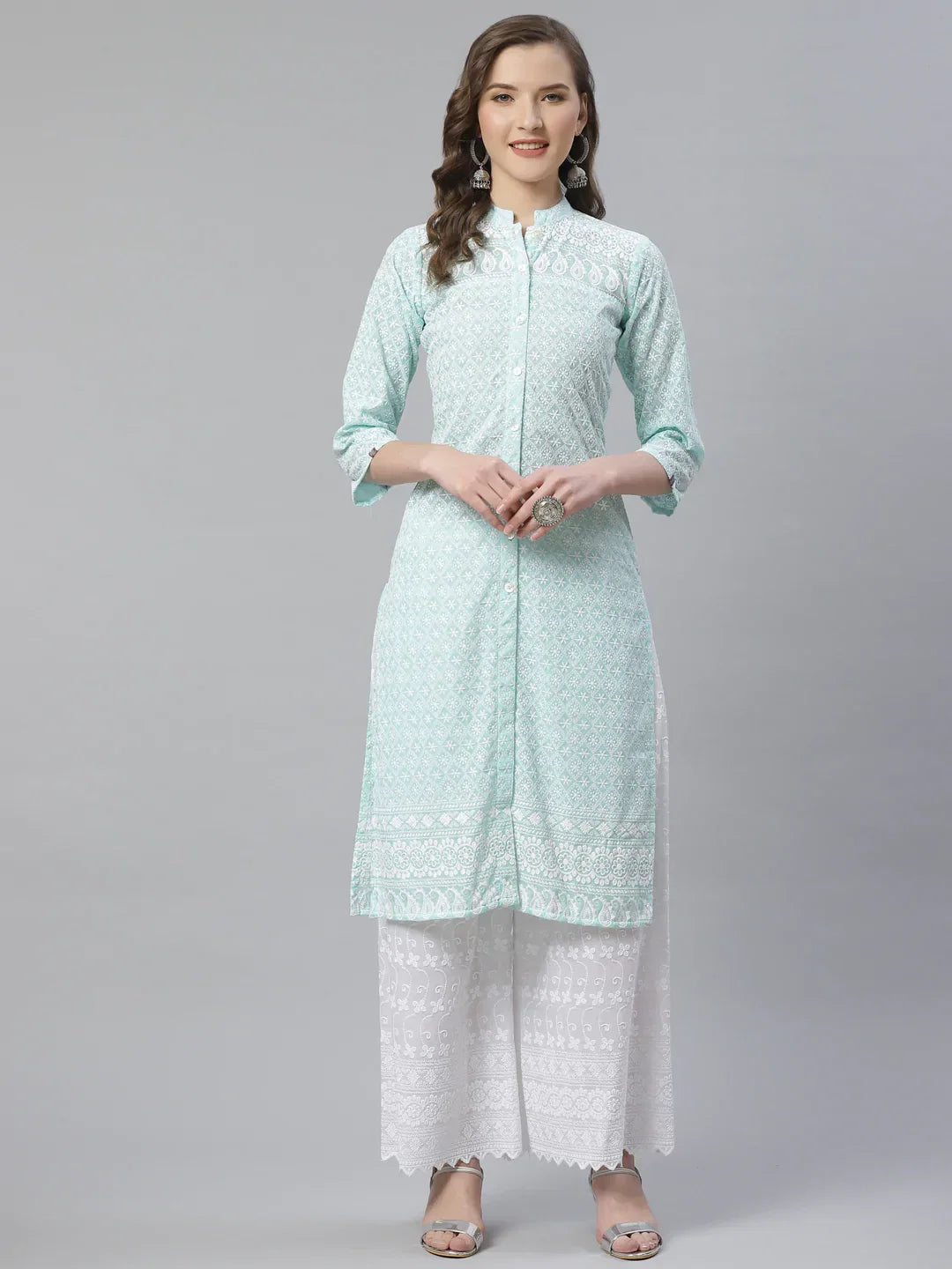 Jompers Women's Sky Blue & White Chikankari Embroidered Kurta with Palazzos | Grocsy