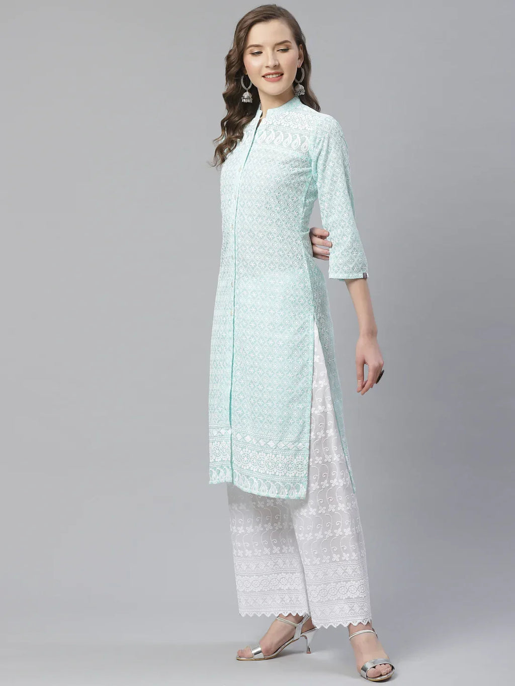 Jompers Women's Sky Blue & White Chikankari Embroidered Kurta with Palazzos | Grocsy