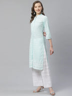 Jompers Women's Sky Blue & White Chikankari Embroidered Kurta with Palazzos | Grocsy