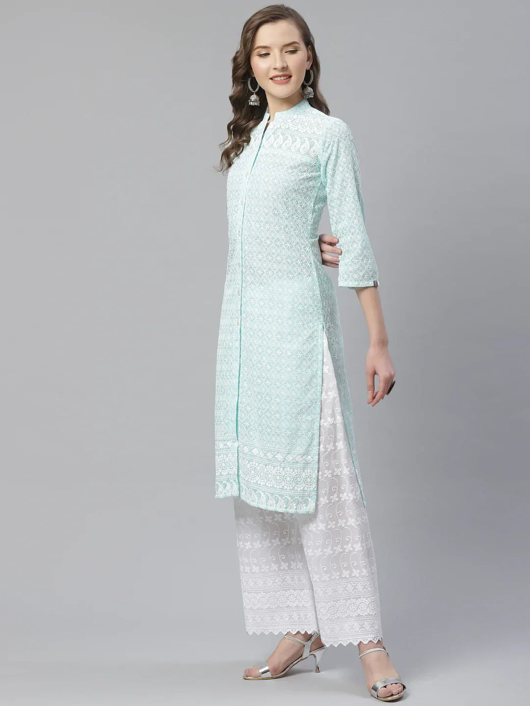 Jompers Women's Sky Blue & White Chikankari Embroidered Kurta with Palazzos | Grocsy