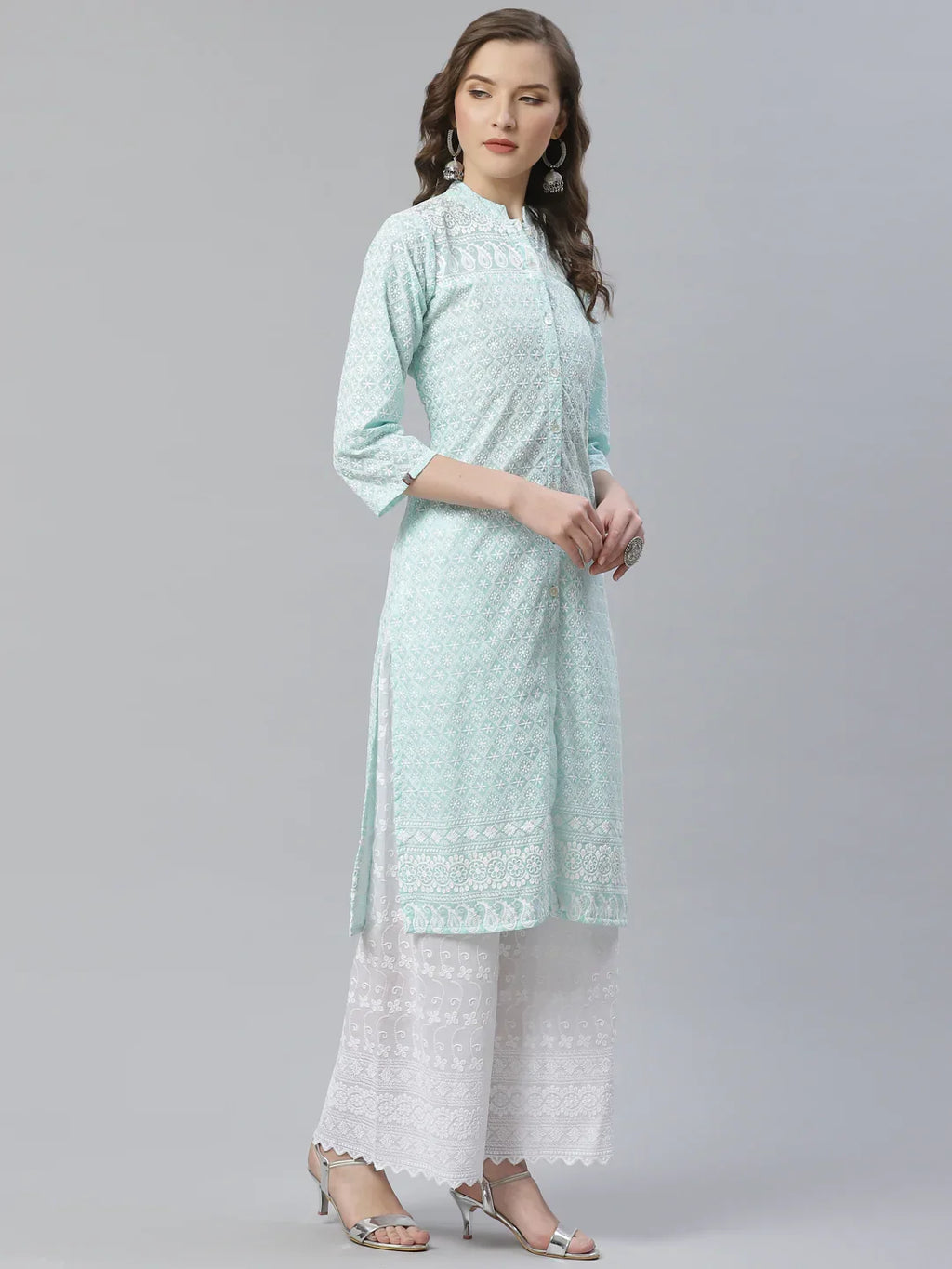 Jompers Women's Sky Blue & White Chikankari Embroidered Kurta with Palazzos | Grocsy