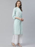 Jompers Women's Sky Blue & White Chikankari Embroidered Kurta with Palazzos | Grocsy