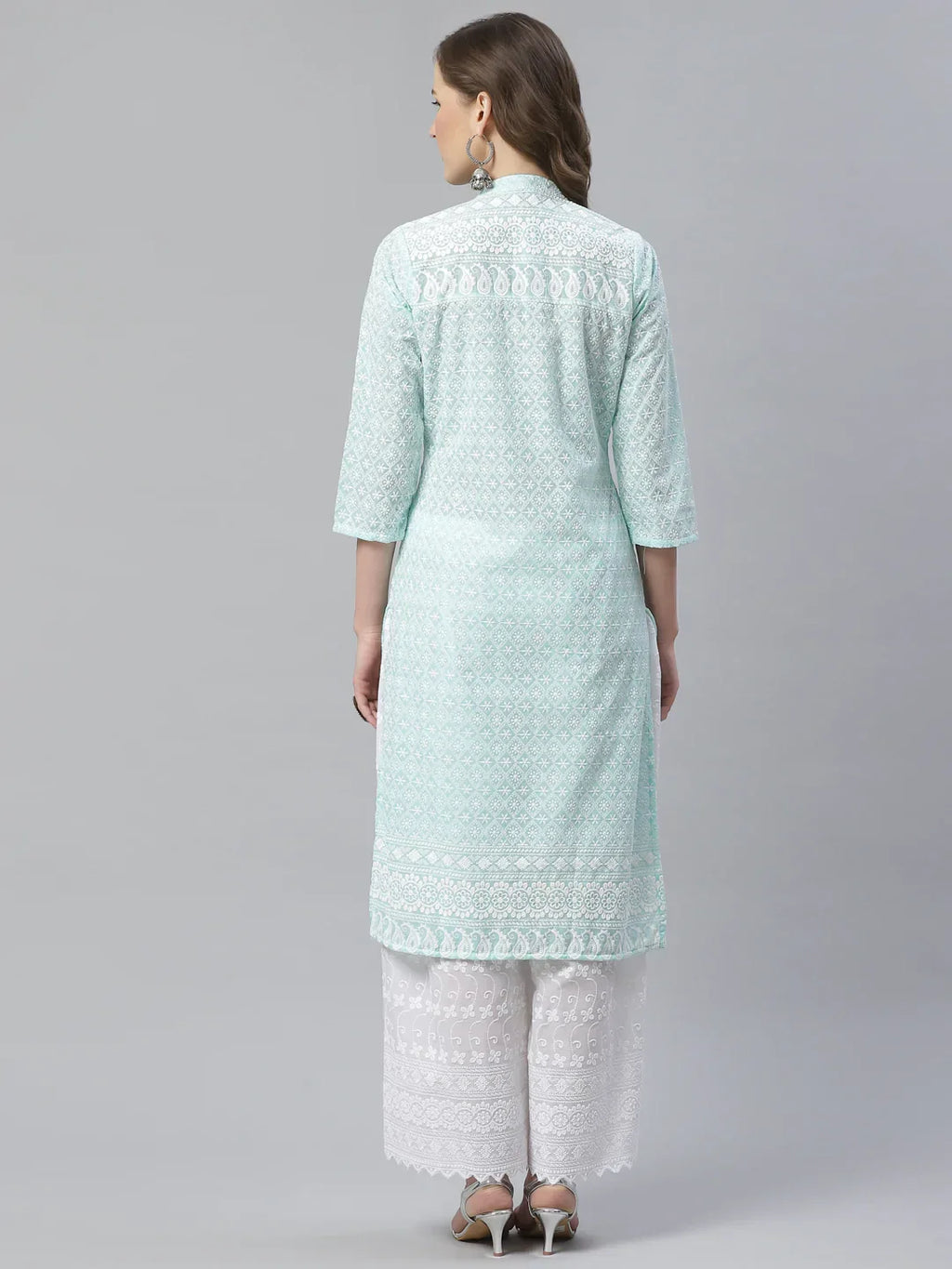 Jompers Women's Sky Blue & White Chikankari Embroidered Kurta with Palazzos | Grocsy