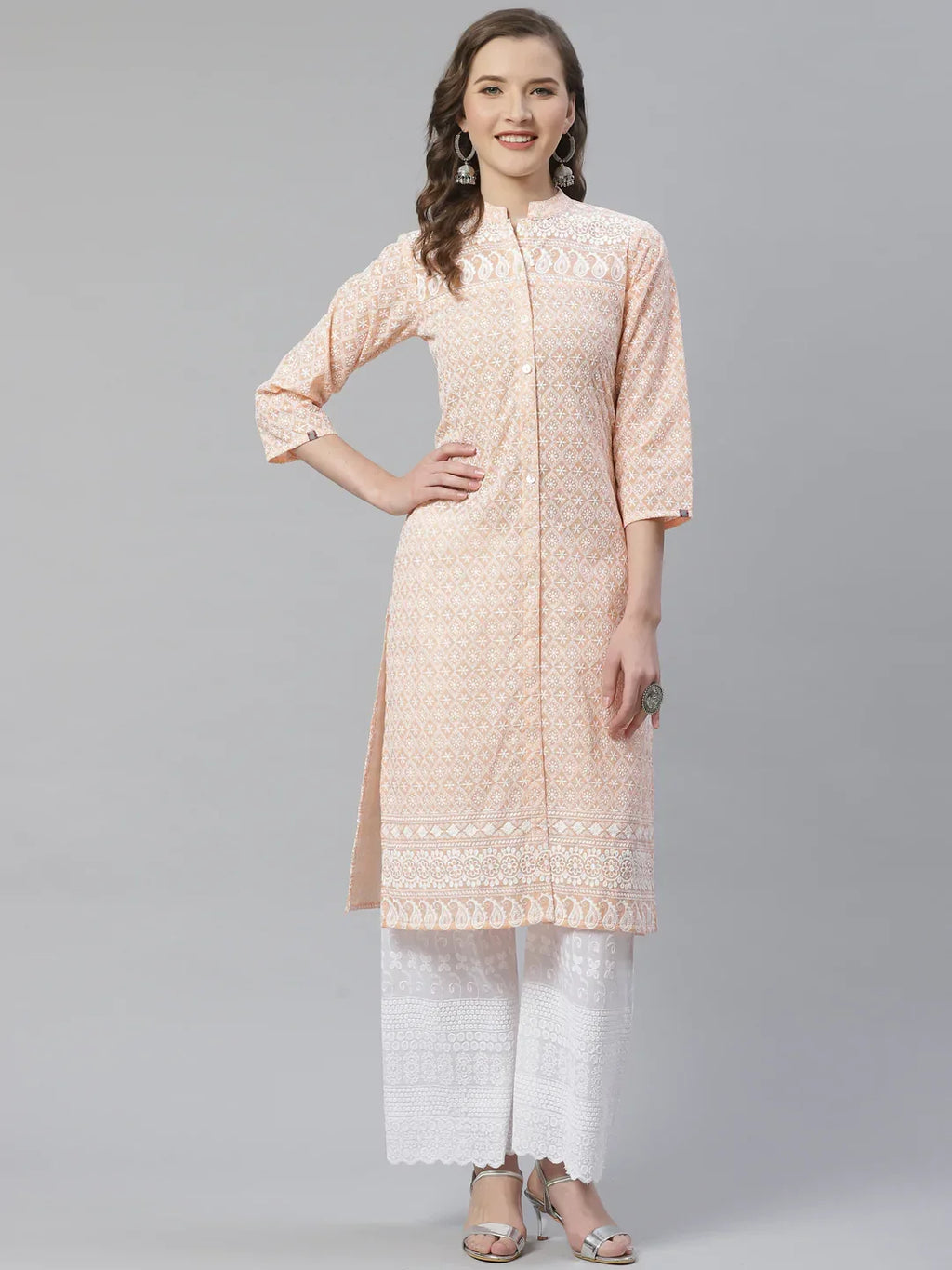 Jompers Women's Peach & White Chikankari Embroidered Kurta with Palazzos | Grocsy