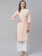 Jompers Women's Peach & White Chikankari Embroidered Kurta with Palazzos | Grocsy