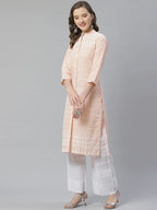 Jompers Women's Peach & White Chikankari Embroidered Kurta with Palazzos | Grocsy