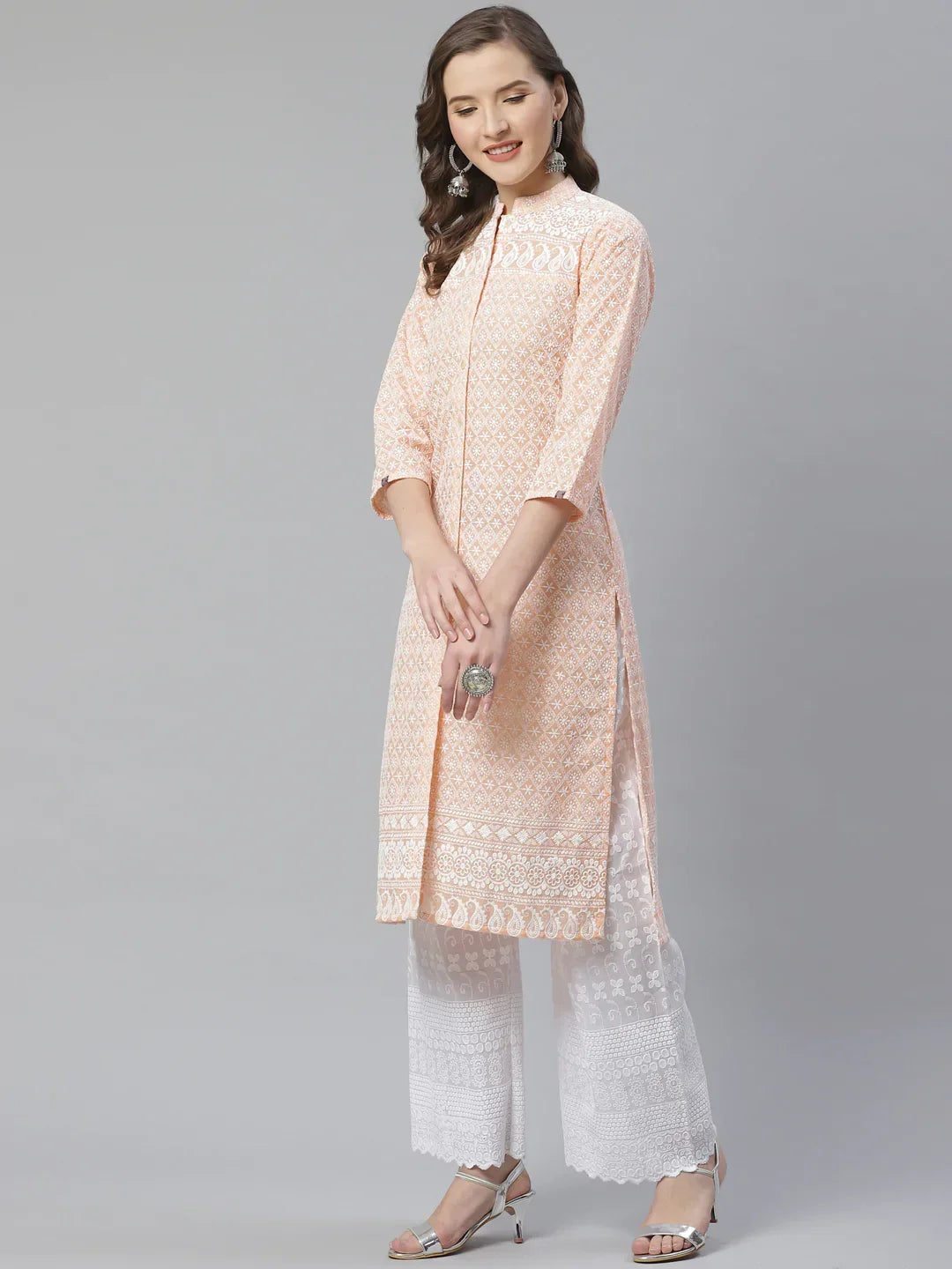 Jompers Women's Peach & White Chikankari Embroidered Kurta with Palazzos | Grocsy