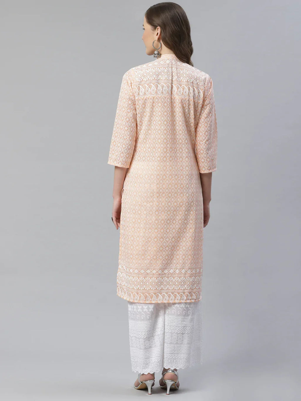 Jompers Women's Peach & White Chikankari Embroidered Kurta with Palazzos | Grocsy