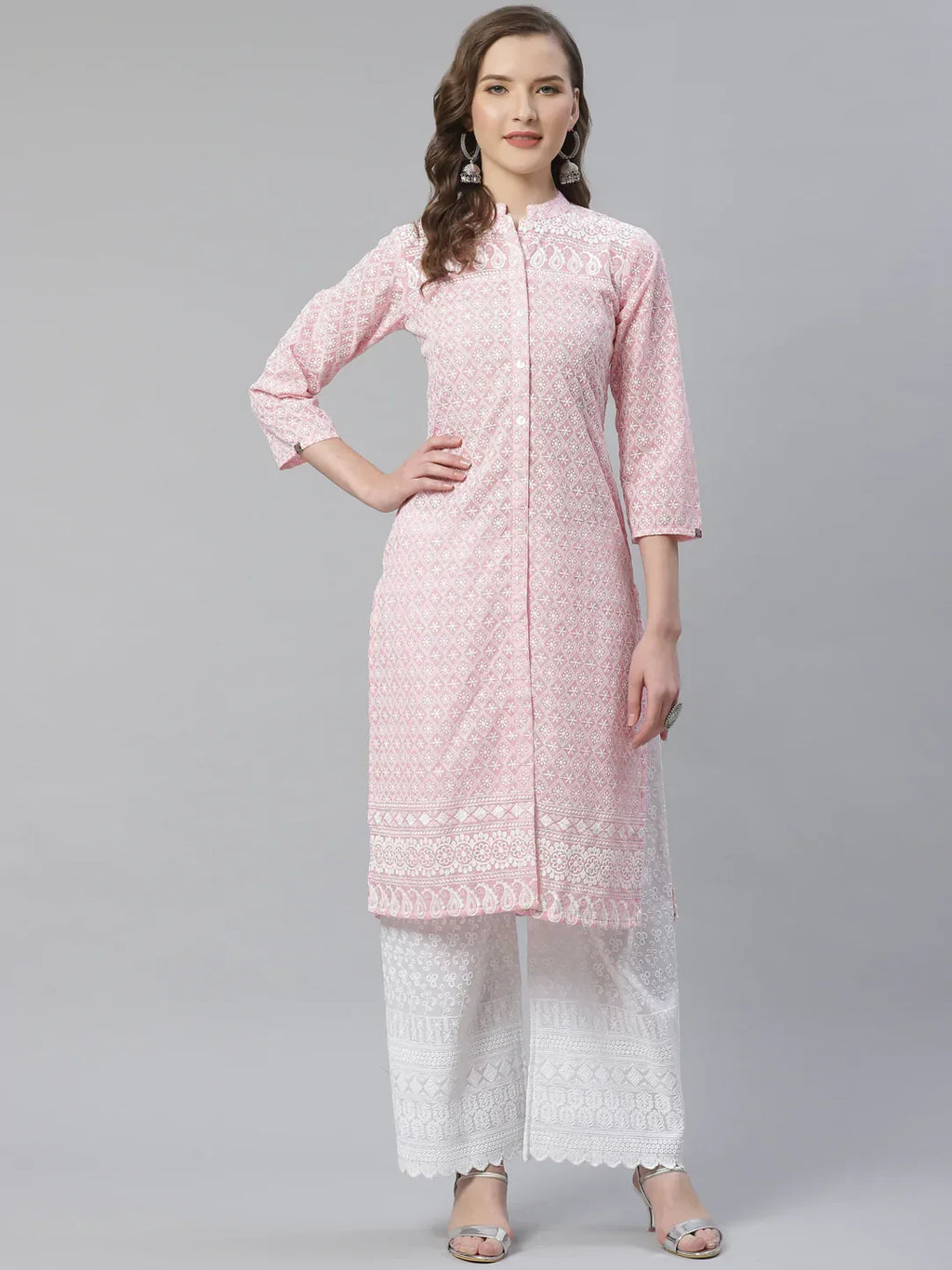 Jompers Women's Pink & White Chikankari Embroidered Kurta with Palazzos | Grocsy