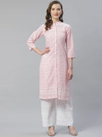 Jompers Women's Pink & White Chikankari Embroidered Kurta with Palazzos | Grocsy