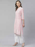 Jompers Women's Pink & White Chikankari Embroidered Kurta with Palazzos | Grocsy
